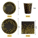 Black Gold Party Supplies 175 Pcs Golden Dot Dinnerware- Black Paper Plates Napkins Cups/Gold Plastic Forks Knives Spoons