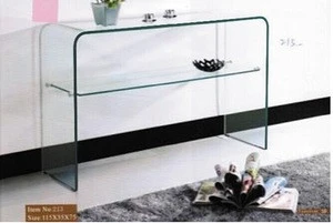 cheap modern bent glass clear console table with glass shelf