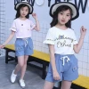 Children Girls Clothes Shops Online 2 Piece Hollow Lotus Sleeve Matching Top And Shorts Outfit For Girls