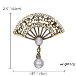 China Wholesale Zinc Alloy Antique Bronze Plated Imitation Pearl Rhinestone Fan Women Brooch For Gifts
