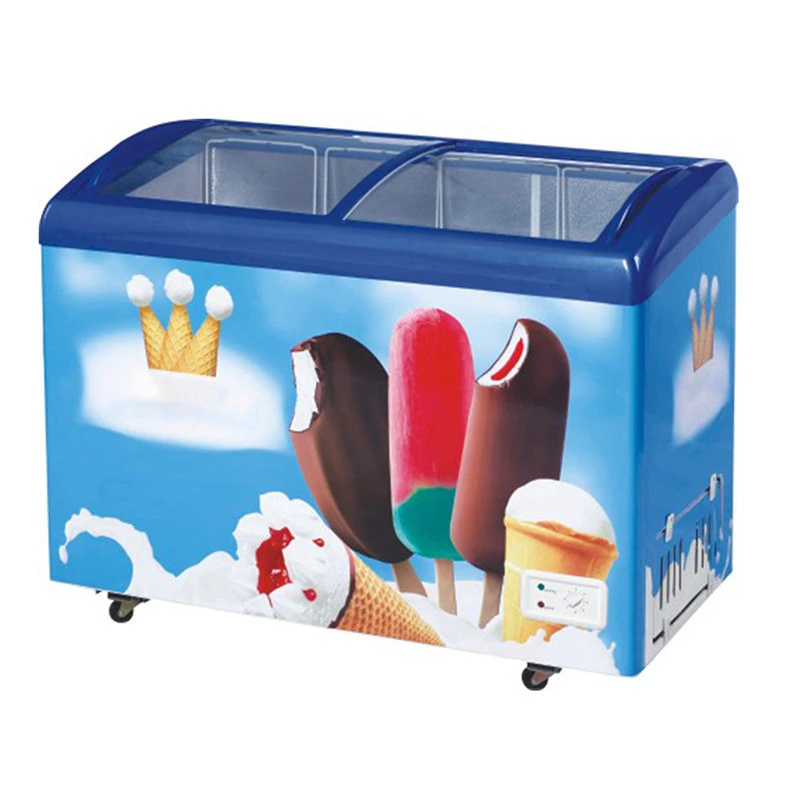 Commercial ice cream freezer display with glass door