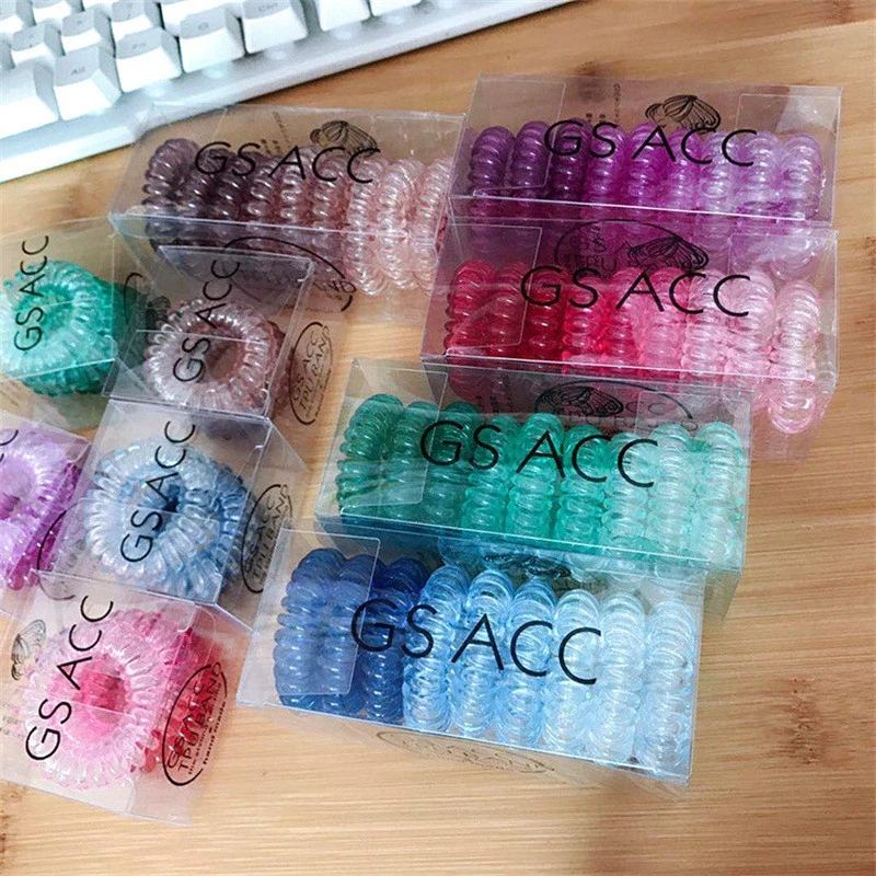 Custom 9 Pcs Small Colorful Elastic Plastic Rubber hairband Coil Telephone Cord Wire Hair Ties Resin Scrunchies For girls women