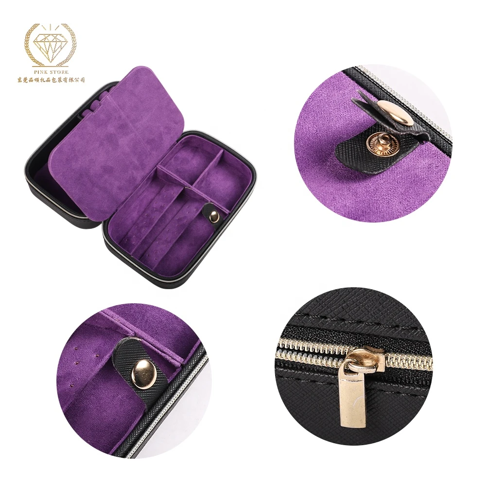 Custom logo small black travel jewelry box with PU leather and faux suede for female