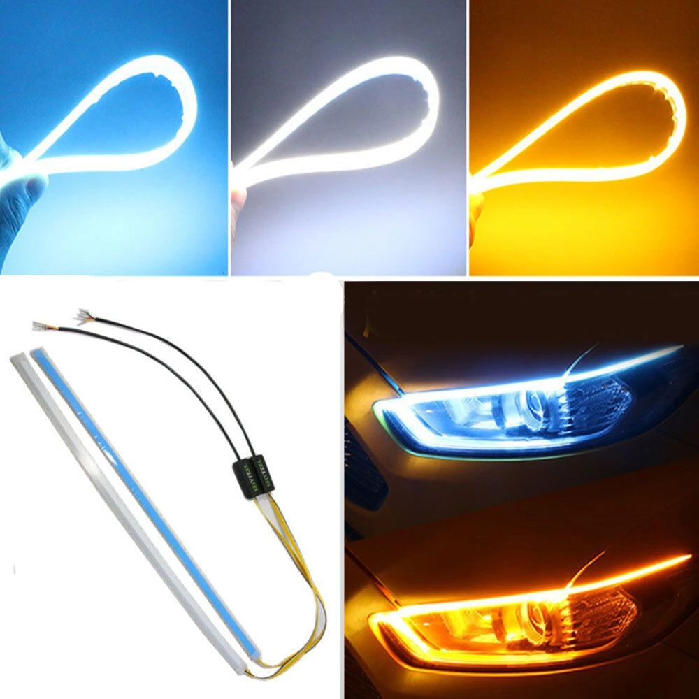 DRL Ultra-Thin Light Guide Two-Color Streamer Lamp Car Decoration Light White Yellow Turn Signal Daytime Running Light