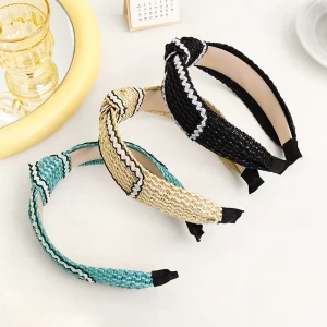 Fashionable new hair hoop retro-made straw braided headband hair accessories wide side knotted female hair band wholesale
