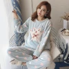 Flannel Winter Women Warm Printing Cartoon Cat Pajamas with Long Sleeve Long Pant Plus Thick O Neck Home Wear Suit Pajama Sets