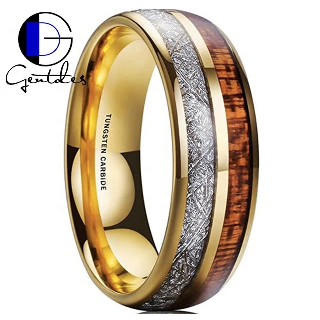 Gentdes Jewelry Custom Wedding Koa Wood Veneer and Meteorite Inlay Rose Gold Tungsten Ring
