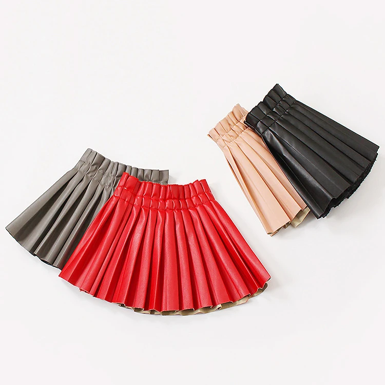 Girls leather skirt pleated pu leather skirt