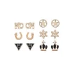Gold Plated Black Rhinestone Enamel Crown Triangle Snowflake Star Horseshoe NO Word Personalized Design Stud Earrings Set