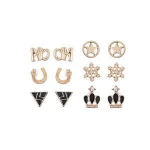 Gold Plated Black Rhinestone Enamel Crown Triangle Snowflake Star Horseshoe NO Word Personalized Design Stud Earrings Set