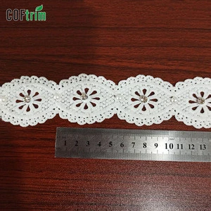 Guangzhou factory high quality trim lace cotton lace trim with jewel decoration for clothing