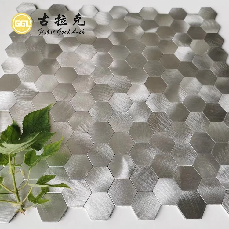 Hexagon Shape Brush Surface Sliver Color Metal Mosaic Tiles