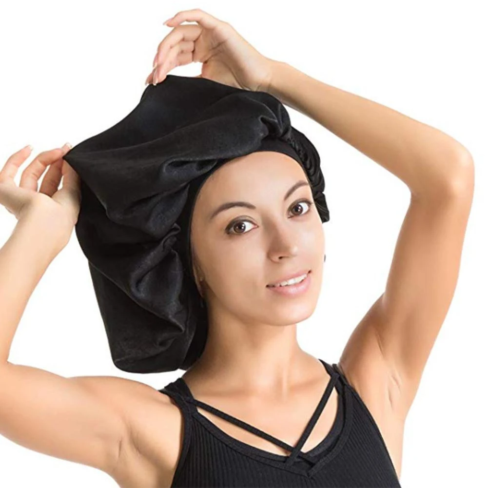 High Quality Super Gi-ant Sleep Cap Waterproof Shower Cap Female Hair Care Large Satin Silk Bonnet Luxurious Fabric Sleep Cap