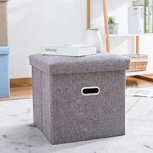Home Foldable Tufted Linen Storage Ottoman Square Cube Foot Rest Stool/Seat For Bedroom