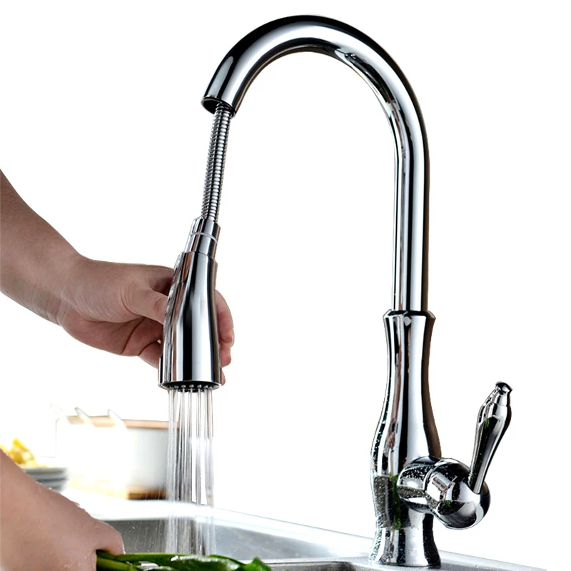 Hot selling polished chrome plating sink faucets single hole pull out kitchen mixer tap