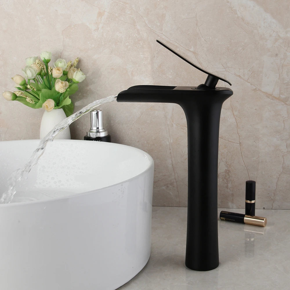 JIENI Matte Black Bathroom Basin Faucet Mounted Basin Vessel Sinks Waterfall Mixer Tap Black Water Faucet Tap