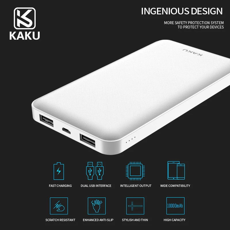 KAKU 10000mAh dual usb led show thin power banks for mobile phone