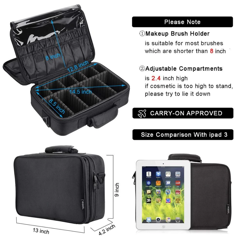 Large Makeup Case 3 Layers Makeup Bag Organizer Waterproof Travel Cosmetic Case Box Portable Train Cases for Cosmetics Black