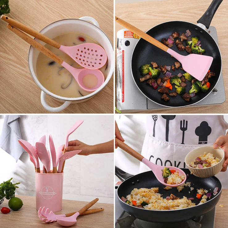 LOVEN 12PCS Non-stick Wooden Handle silicon  Shovel Kitchen accessories Cooking Utensils Silicone Cook Tool Set With Storage