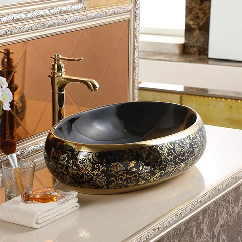 Luxury modern vessel lavabo oval art basin ceramic gold black bathroom sink counter top hand wash basin