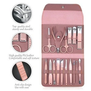 Manicure Set 16 pcs Stainless Steel Grooming Nail Clipper Kit Pedicure Care Tools Deluxe Leather Travel Case Pink Silver Grey