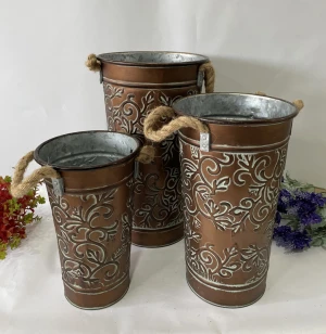 Metal tapered metal flower vase with handle headstone flower pot jute rope handle iron flower bucket