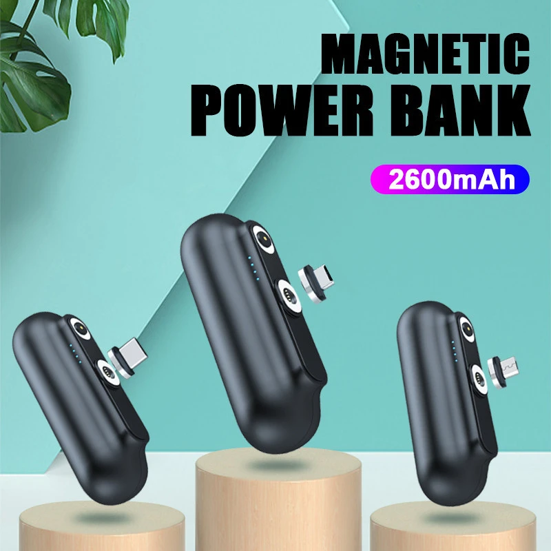 Mini Magnetic Charger Power Bank Micro USB Type C 2600mAh Portable Battery Charger 3 in1 Mobile phone Charger Magetic For iPhone
