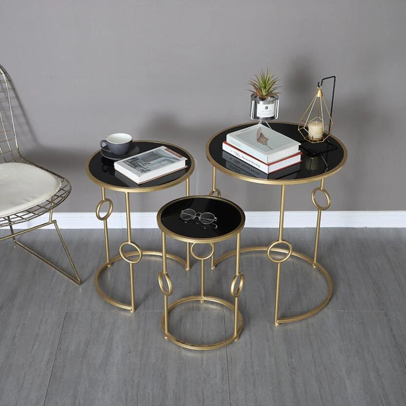 Modern Light Luxury Gold Metal Frame Glass Nesting 3 Piece Coffee Table Set