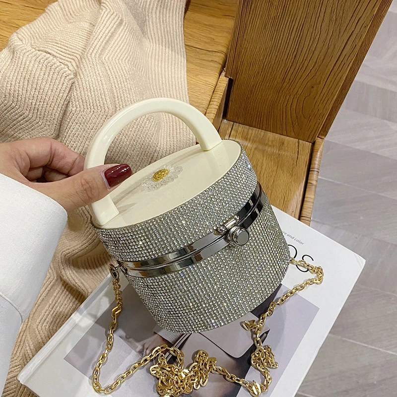 New arrival shiny diamond chian bucket purse women clutch rhinestone hand bag ladies party evening bags