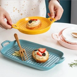 Nordic Ceramic binaural bakeware solid color rectangular round plate baking pan dish