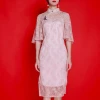 Pear&Hibiscus Chinese Style Women Pink Three-quarter Sleeve lace overlay midi dress patterns