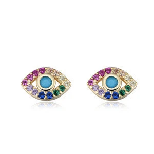 Peishang 925 Sterling Silver Gold Plated Rainbow Colorful Zircon Evil Eyes Earrings