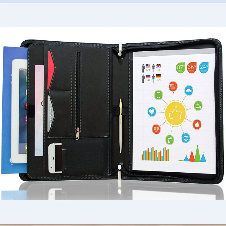 Portfolio synthetic Leather Binder Business Folder Resume Document Organizer Including Legal Size Notebook With Zipper