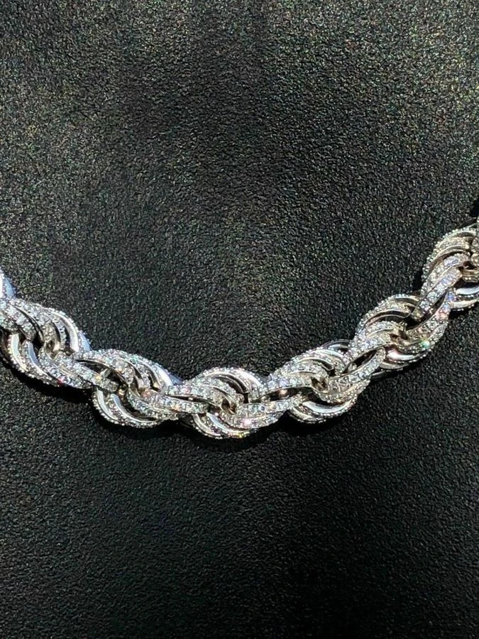 Premium Quality Mens Solid 925 Sterling Silver Mens Rope Chain Thick 9mm ICY Diamond Choker