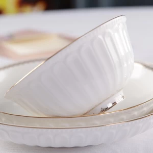 Rim White Porcelain Dinnerware Ceramic Dinner Spoon Soup Noodle Pasta Rice Salad Plates Bowls Gold Dinnerware Sets All-season