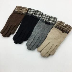 S4288 fashion women ladies winter embroidery mobile touchscreen fur mittens warm 100% wool cashmere gloves with houndstooth trim