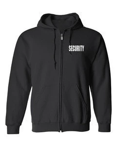 Security Silkscreen Front & Back Black Full Zip Hoodie, Ring-Spun Cotton Jersey Hooded Security Guard Uniform With Ribbed Cuffs