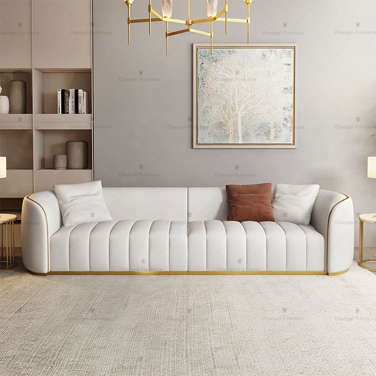 Shunde Luxury Modern Designs Wooden Frame Living Room Furniture Sets Stainless Steel Italian Leather Sofa Set