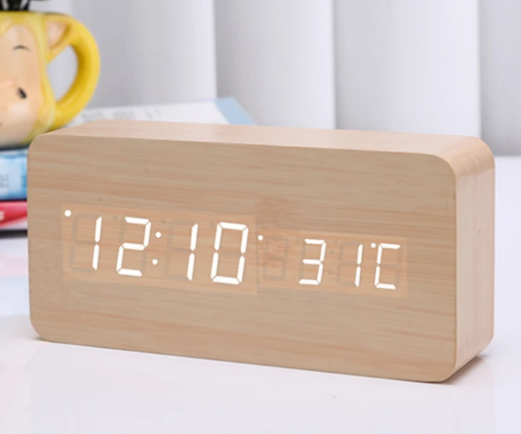 small order modern square colorful wooden bamboo digital single face thermometer led alarm clock rechargeable alarm clock