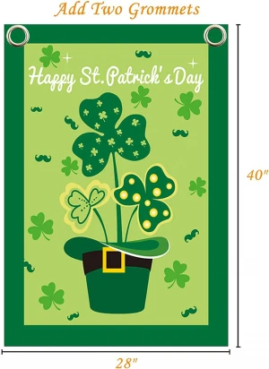 St Patrick&#x27;s Flag,28 x 40 Inch Shamrock/Hat Double-Sided Display with 2 Grommets Double Thickness for Garden and Home Decoration