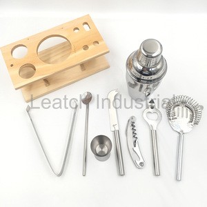 Stainless Steel Cocktail Martini Shaker Mixer Tools Bar Set Kit With Wood Stand