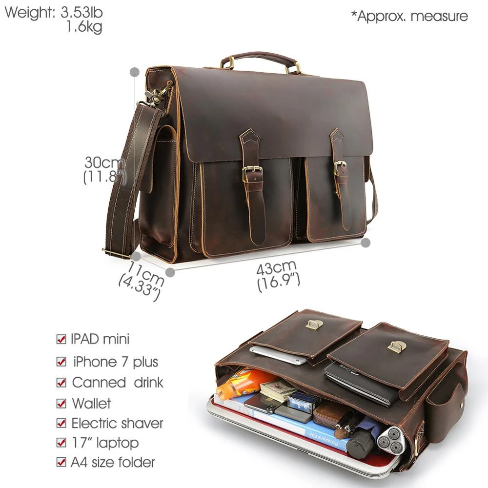 TIDING Large Capacity 17 inches Laptop Bag Genuine Crazy Horse Leather Messenger Briefcase Bag