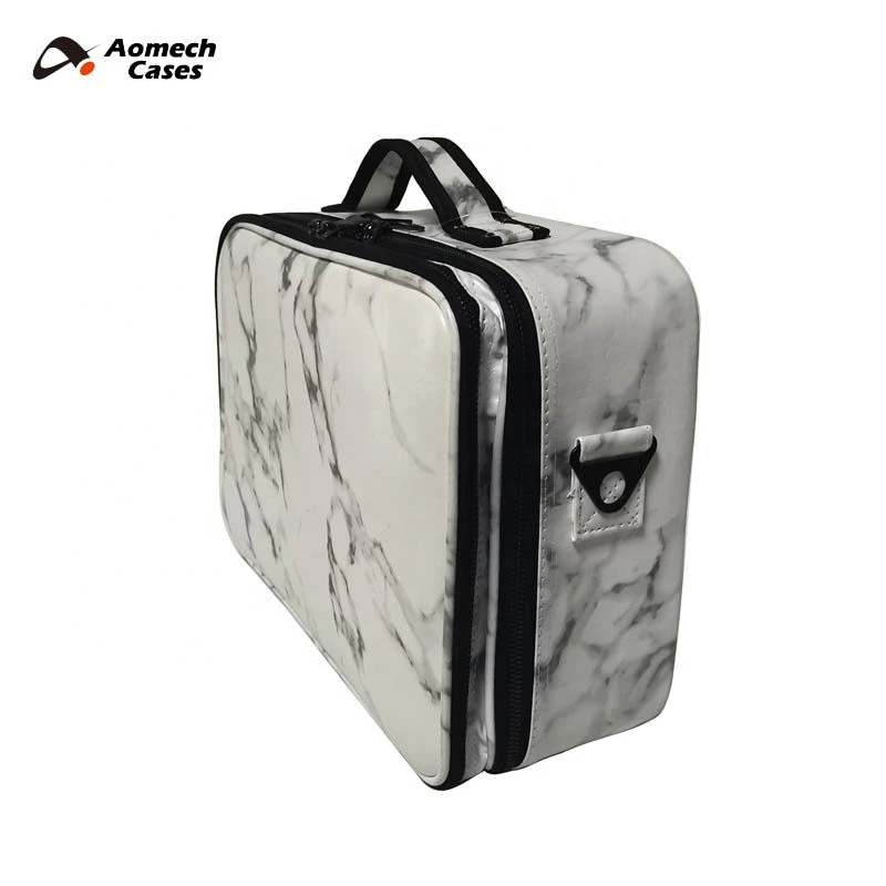 White Marble Stone PU Leather Waterproof Cosmetic Box Zipper Vanity Case Organizer 3 Layers Artist Makeup Storage Bag