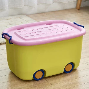 Wholesale cartoon plastic toy storage box with wheel