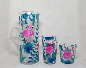 wholesale custom hand painted clear glass water pitcher set with handle