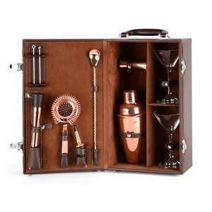 Wholesale Custom Professional Stainless Steel Bar Tools Kit Cocktail Shaker Mixing Set With Leather Case