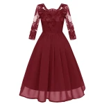 Wholesale Luxury Floral Embroidery Women's Chiffon Bridesmaid Dress Retro Vintage Long Sleeve Off Shoulder Mesh Midi Dress