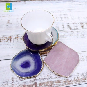 Wholesale Natural Heart Rose Quartz Rose Gold Crystal Agate Coaster With Gold For Decoration
