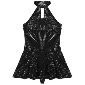Women Adults Shiny Sequins Low Back Skating Latin Jazz Ballet Dance Leotard Dress with Clear Spaghetti Shoulder Straps Dancewear