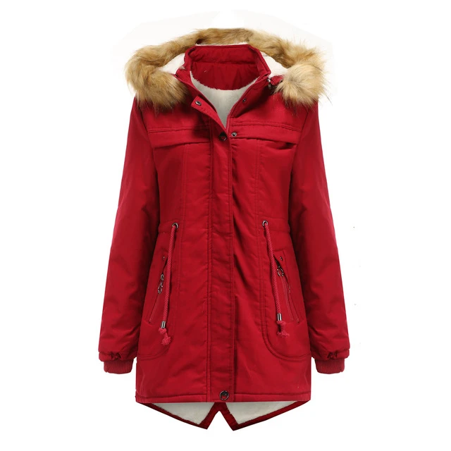 Women cotton-padded jacket and fleece mid-length detachable hood fur collar winter warm and fleece coat